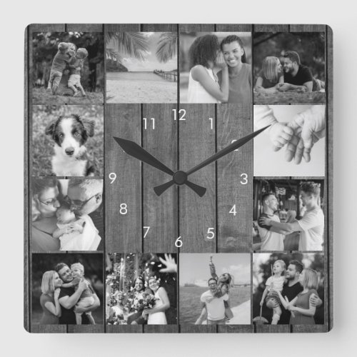 12 Black and White Photo Collage Rustic Wood  Square Wall Clock