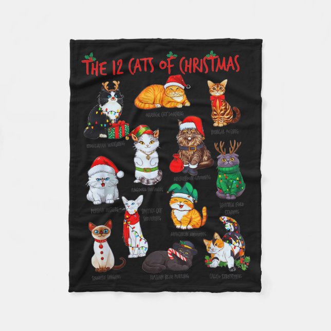 12 Cats Of Christmas Funny Holiday Xmas Cat Lover  Fleece Blanket (Front)