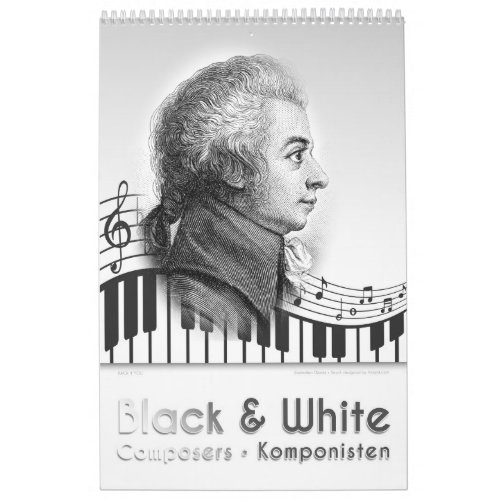 12 Composers Portraits in Black  White Calendar