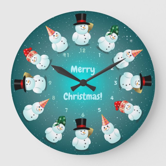 12 Cool Snowmen Celebrating Christmas Large Clock (Front)