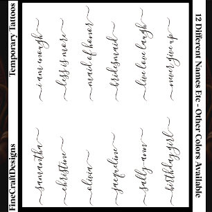 12 Custom Name/Word Elegant Calligraphy Script Bk Temporary Tattoos