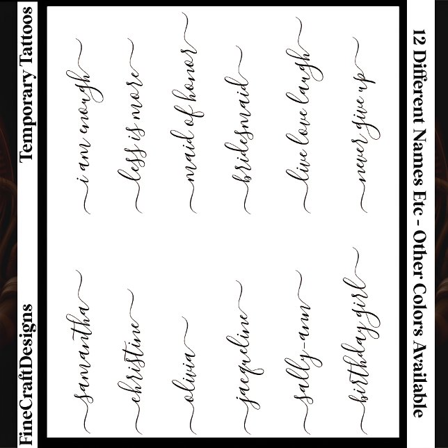 12 Custom Name/Word Elegant Calligraphy Script Bk  Temporary Tattoos (Creator Uploaded)