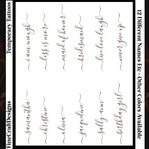 12 Custom Name/Word Elegant Calligraphy Script Brn Temporary Tattoos
