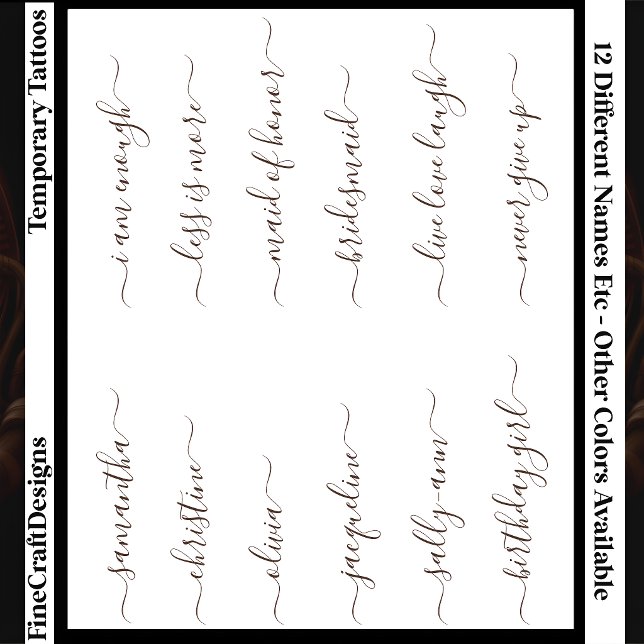 12 Custom Name/Word Elegant Calligraphy Script Brn Temporary Tattoos (Creator Uploaded)