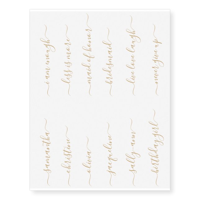 12 Custom Name/Word Elegant Calligraphy Script Gld Temporary Tattoos (Front)