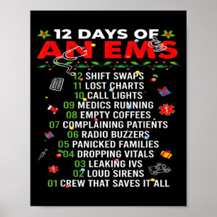 12 Days Of An Ems Emt Icu Nurse Christmas Xmas Fun Poster
