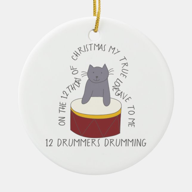 12 Days of Catmas 12 Drummers Drumming Cat Photo Ceramic Ornament (Front)