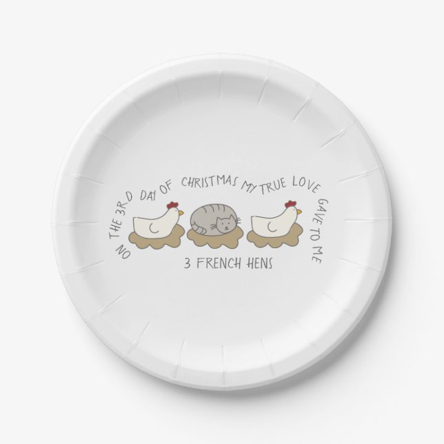 12 Days of Catmas 3 French Hens Christmas Paper Plates (Front)