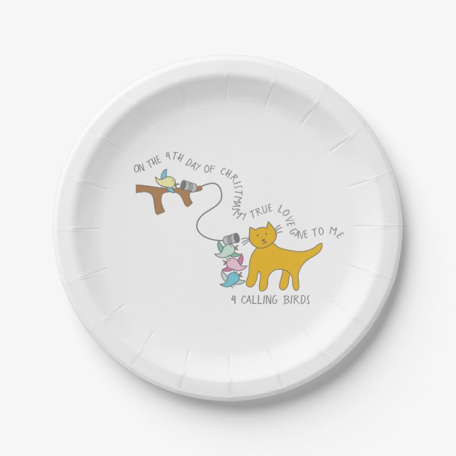 12 Days of Catmas 4 Calling Birds Christmas Paper Plates (Front)