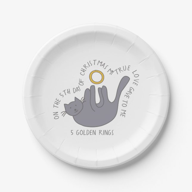 12 Days of Catmas 5 Golden Rings Christmas Paper Plates (Front)