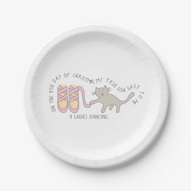 12 Days of Catmas 9 Ladies Dancing Christmas Paper Plates (Front)