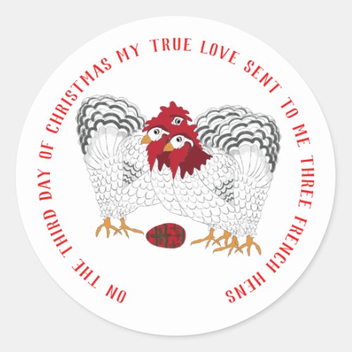 12 Days of Christmas 3 French Hens Classic Round Sticker