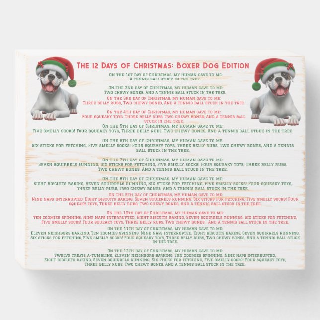 12 Days of Christmas: Boxer Dog Edition Wooden Box Sign (Front Horizontal)
