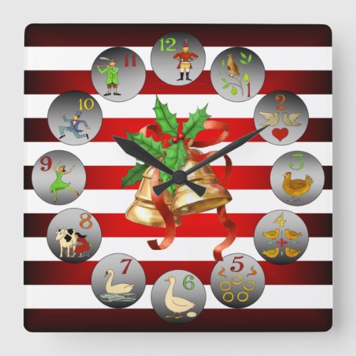 12 Days Of Christmas  Christmas Bells  Stripes  Square Wall Clock
