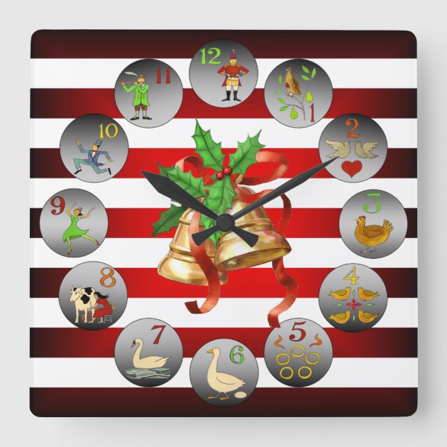 12 Days Of Christmas ~ Christmas Bells ~ Stripes ~ Square Wall Clock (Front)
