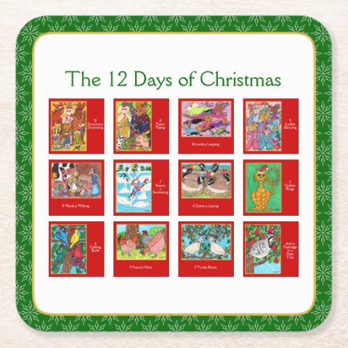 12 Days of Christmas Cute Animal Menagerie Square Paper Coaster
