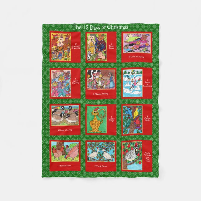 12 Days of Christmas Cute Animals Fleece Blanket (Front)