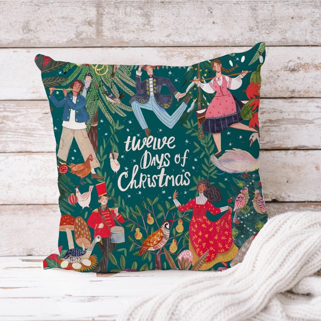 12 Days of Christmas dark green Throw Pillow (twelve days of Christmas traditional vintage retro decoration.)