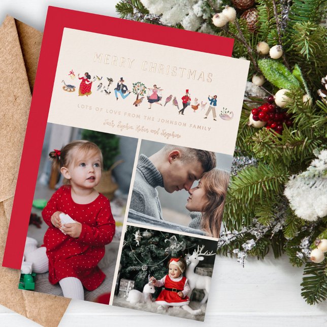 12 Days of Christmas ecru Photo Holiday Card (Foil 12 days of Christmas photo collage holiday greeting card.)