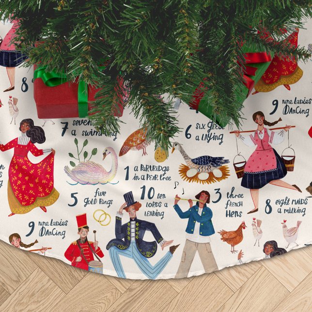 12 Days of Christmas ecru Traditional Classic Brushed Polyester Tree Skirt (12 days of Christmas Tree Skirt Ecru)