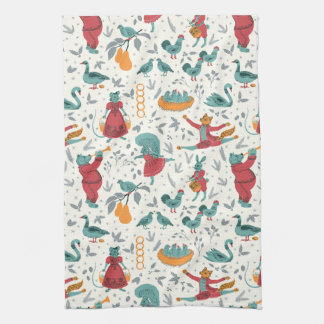 12 Days of Christmas Folk Art Animal Blue Kitchen Towel