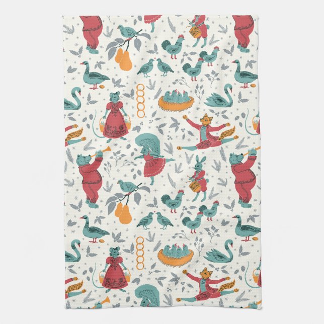 12 Days of Christmas Folk Art Animal Blue Kitchen Towel (Vertical)