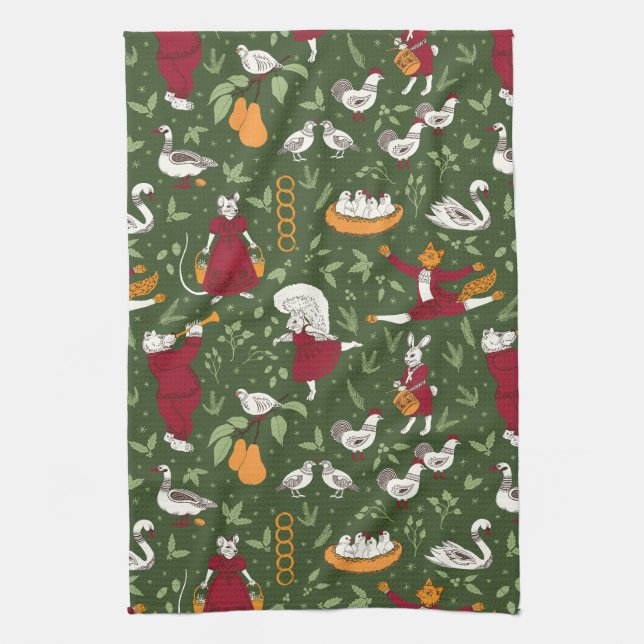 12 Days of Christmas Folk Art Animal Kitchen Towel (Vertical)