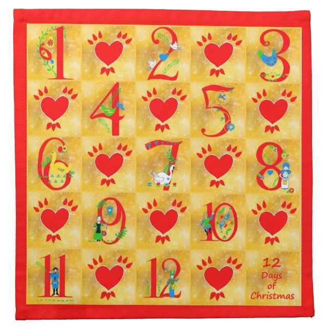 12 Days of Christmas Folk Art with Hearts on Gold Napkin (Front)
