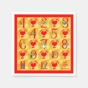12 Days of Christmas Folk Art with Hearts on Gold Paper Napkins