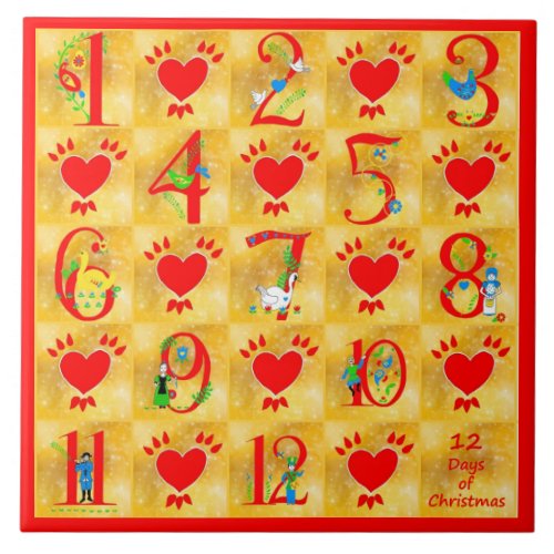 12 Days of Christmas Folk Art with Hearts on Gold Tile