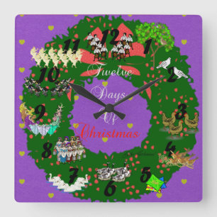 12 Days of Christmas Holiday Theme Square Wall Clock