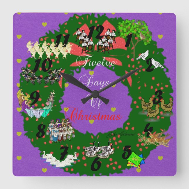 12 Days of Christmas Holiday Theme Square Wall Clock (Front)