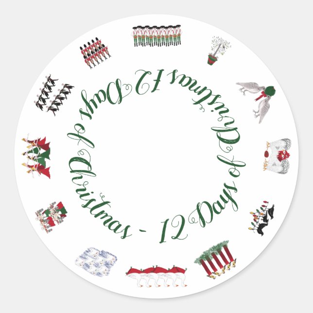 12 Days of Christmas in a Circle of Red and Green Classic Round Sticker (Front)