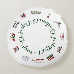 12 Days of Christmas in a Circle of Red and Green Round Pillow