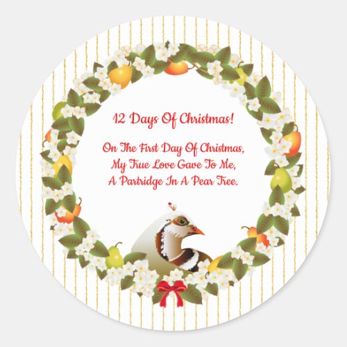 12 Days of Christmas Partridge In A Pear Tree Classic Round Sticker