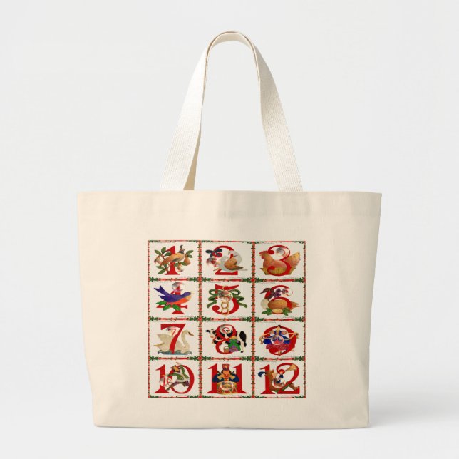 12 Days Of Christmas Quilt Print Gifts Large Tote Bag (Front)
