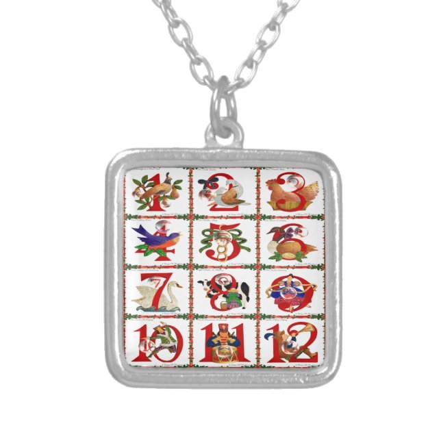 12 Days Of Christmas Quilt Print Gifts Silver Plated Necklace (Front)