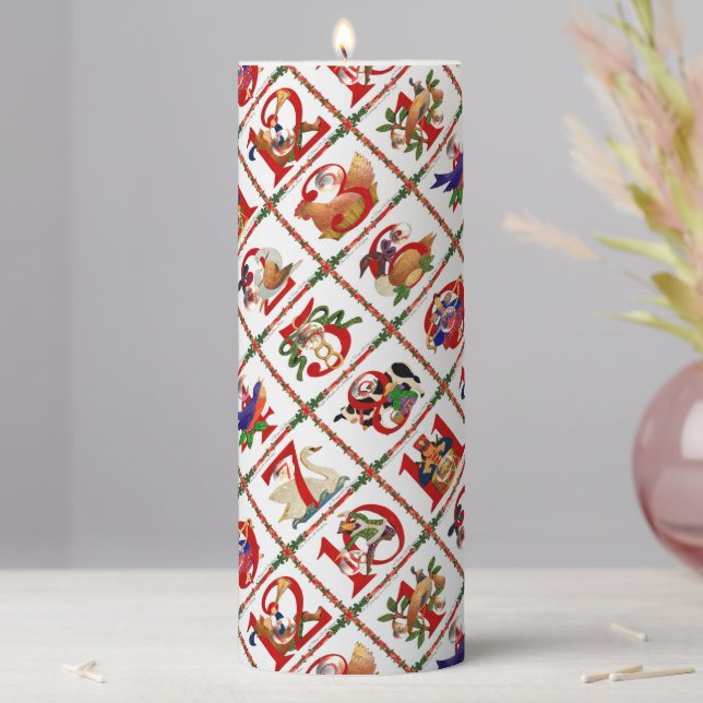 12 Days of Christmas Quilt Print Pillar Candle (In Situ)