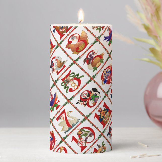 12 Days of Christmas Quilt Print Pillar Candle (In Situ)