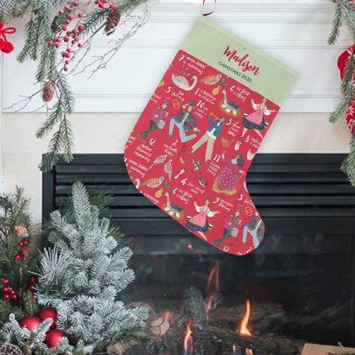 12 days of Christmas Red Green Traditional Classic Large Christmas Stocking