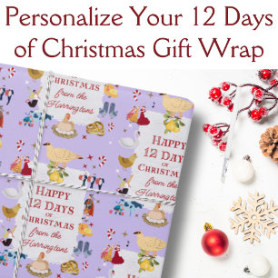 12 Days of Christmas Retro Lavender Personalized Wrapping Paper Sheets