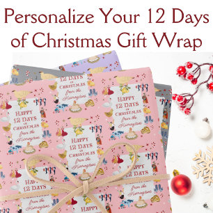 12 Days of Christmas Retro Pastel Personalized Wrapping Paper Sheets