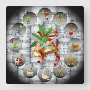 12 Days Of Christmas ~Sheet Music~Christmas Bells~ Square Wall Clock