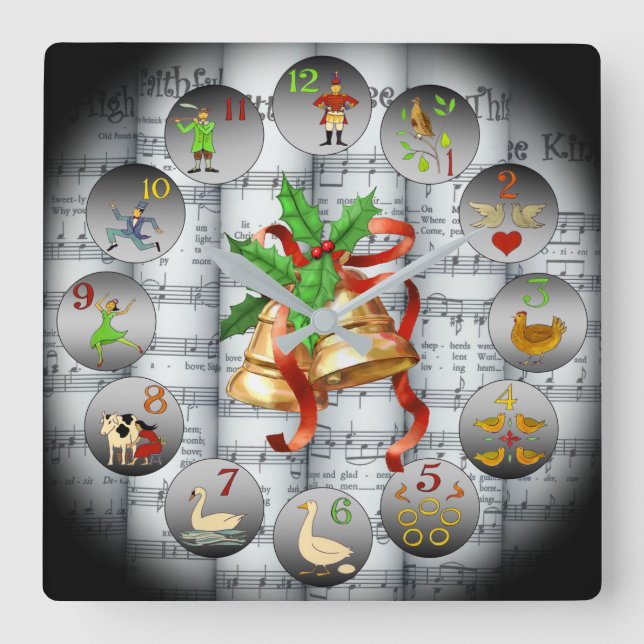 12 Days Of Christmas ~Sheet Music~Christmas Bells~ Square Wall Clock (Front)