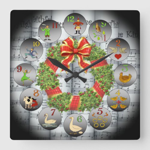 12 Days Of Christmas Sheet MusicChristmas Wreath Square Wall Clock