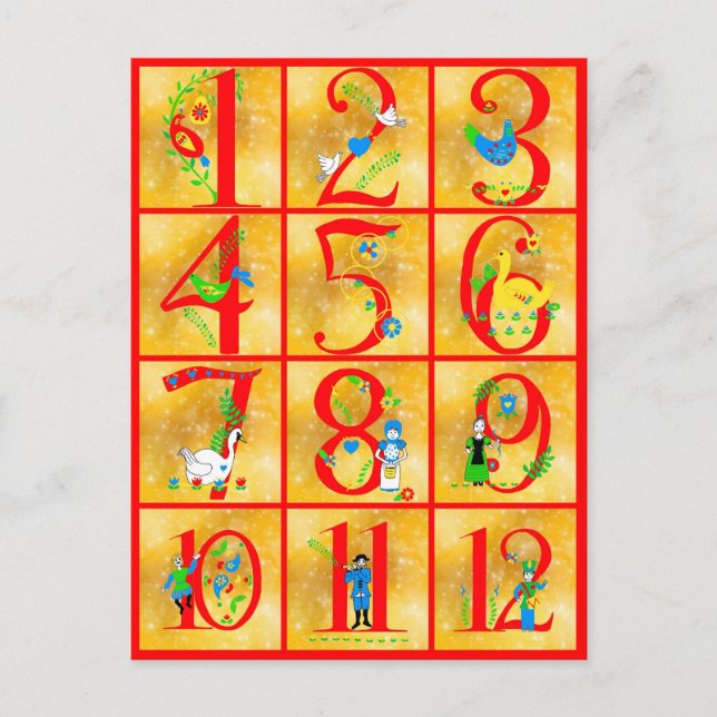 12 Days of Christmas Song Folk Art Numbers Holiday Postcard (Front)