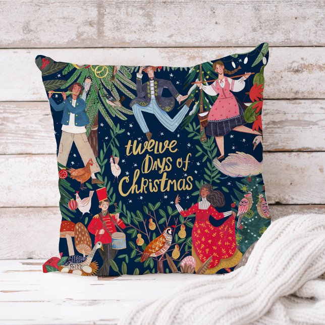 12 Days of Christmas Throw Pillow (12 Days of Christmas Vintage Retro Characters Pillow)