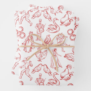 12 Days of Christmas Toile Wrapping Paper Sheets