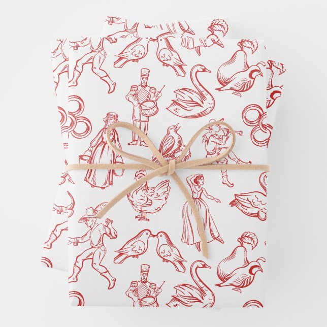 12 Days of Christmas Toile Wrapping Paper Sheets (In situ)