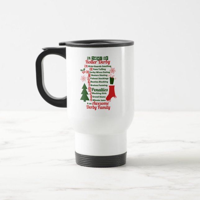 12 Days of Roller Derby Christmas, Roller Skating Travel Mug (Left)